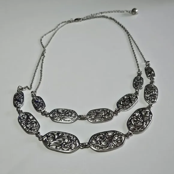 Silver Tone Layered Filigree Chain Necklace 20-23" - Picture 14 of 14